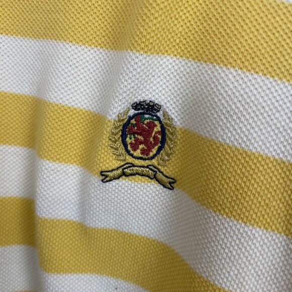 VTG Tommy Hilfiger Mens Long Sleeve Polo Shirt L Yellow Stripe Crest 1/4 Button - Picture 7 of 9